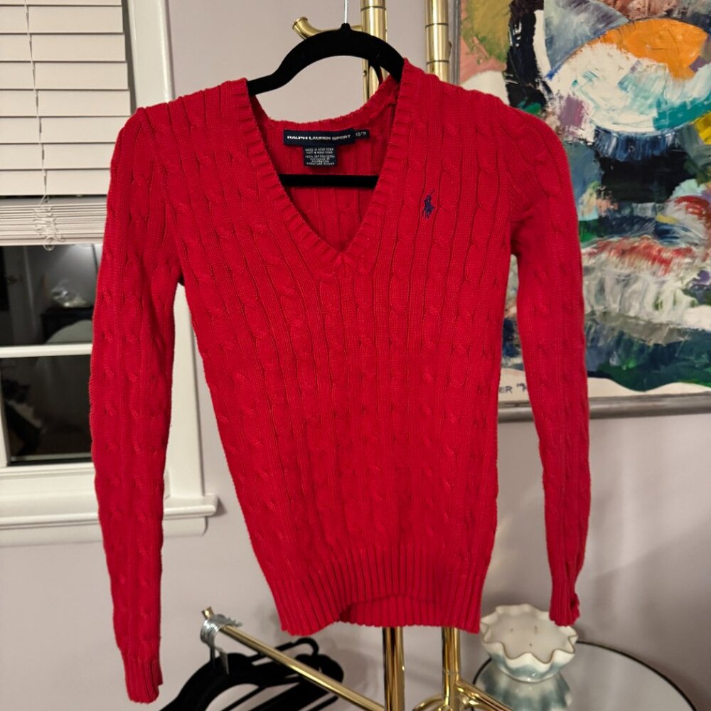 Ralph Lauren Women's Red Cable-Knit V-Neck Sweater